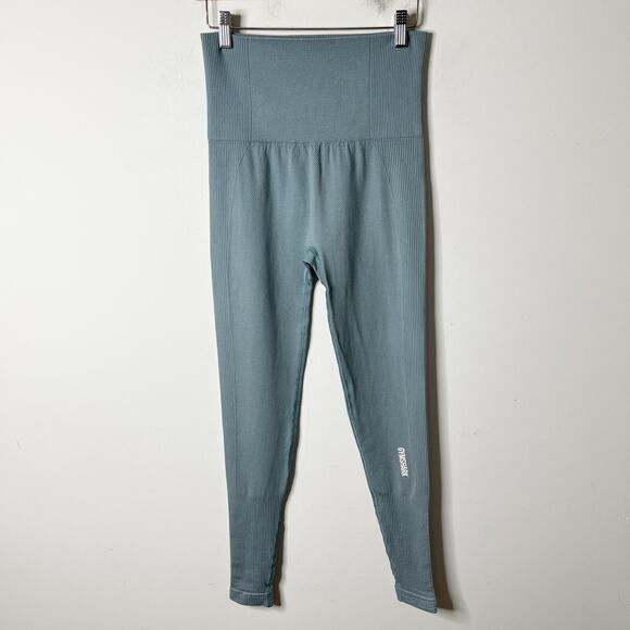 Gymshark Women's Power Down Leggings S Light Blue Seamless High Rise Ribbed Knit - Picture 2 of 8